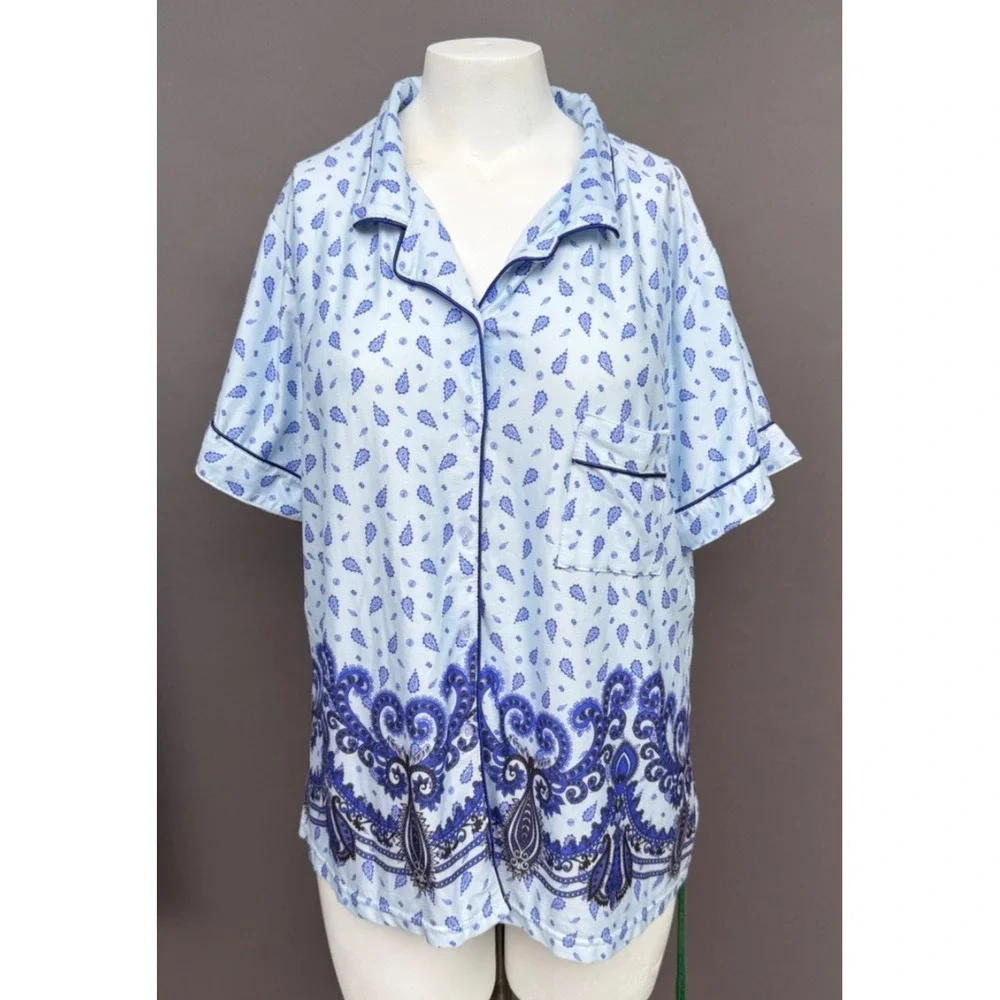 Blue Paisley Pajama Set 3x Short Sleeve Button Top Long Pants Sleepwear Lounge